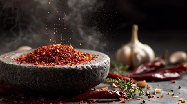 Close up vibrant red paprika spice sprinkled from wooden spoon into stone mortar with garlic herbs and dried chili peppers showing rustic organic cooking ingredients and culinary seasoning backgroud