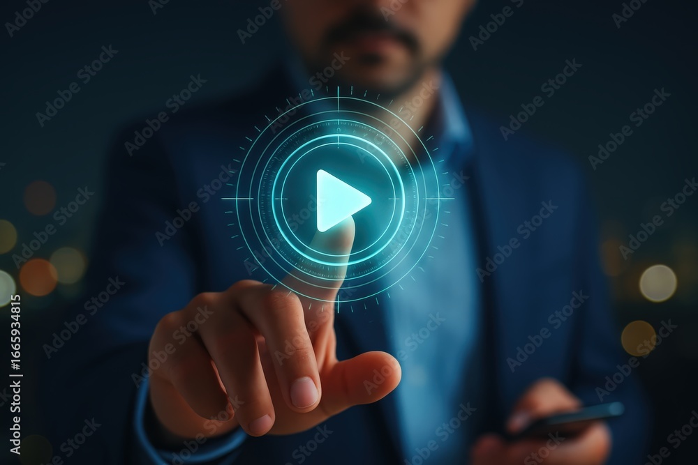 Poster a hand interacts with a glowing play button interface, highlighting a futuristic technology concept 