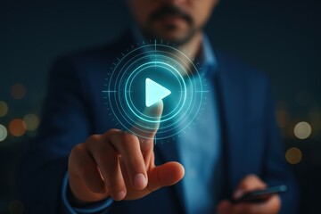 A hand interacts with a glowing play button interface, highlighting a futuristic technology concept in a dark background.