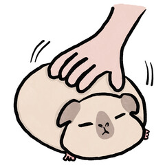 A guinea pig sitting comfortably inside a blue bag, looking happy and adorable. Cartoon style drawing of a pet being carried.