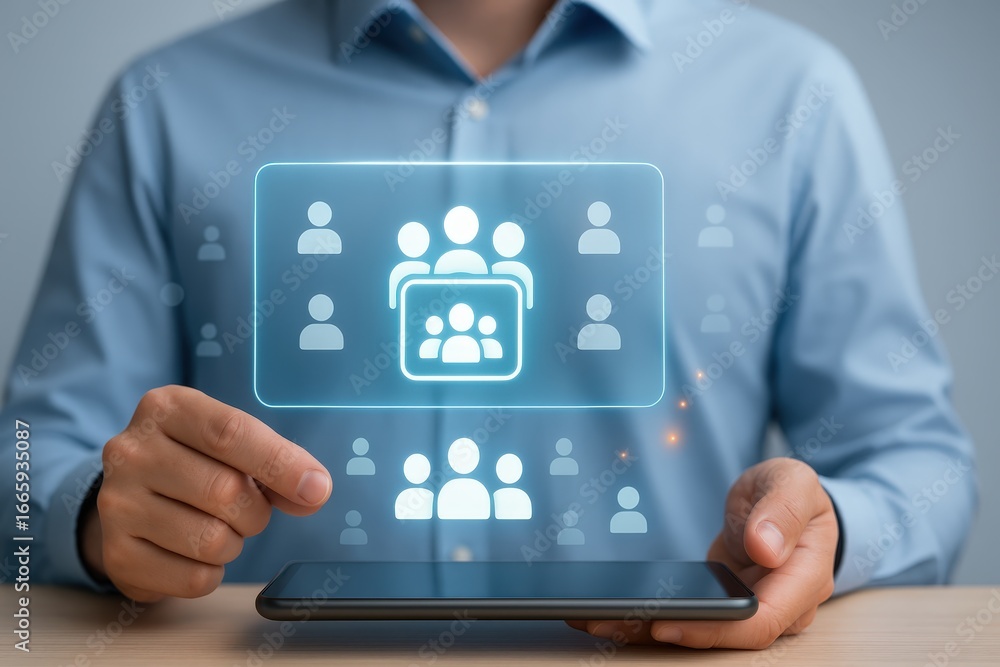 Poster a person interacts with a digital interface displaying a group of people icons, highlighting communi