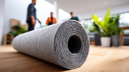 Soundproofing insulation roll material for residential construction. Acoustic foam padding for noise reduction in apartments and houses during renovation work.