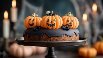 Halloween cake with pumpkin decorations on black pedestal stand. Chocolate layer cake with orange fondant jack-o-lanterns, festive autumn baking with candle lighting background.