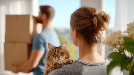 Woman holding orange tabby cat during house move with packing boxes. Pet relocation to new home apartment concept. Real estate transition with domestic animal companion lifestyle scene.