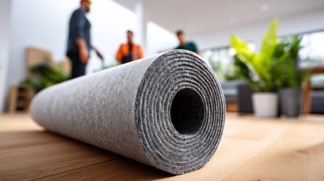 Soundproofing insulation roll material for residential construction. Acoustic foam padding for noise reduction in apartments and houses during renovation work.