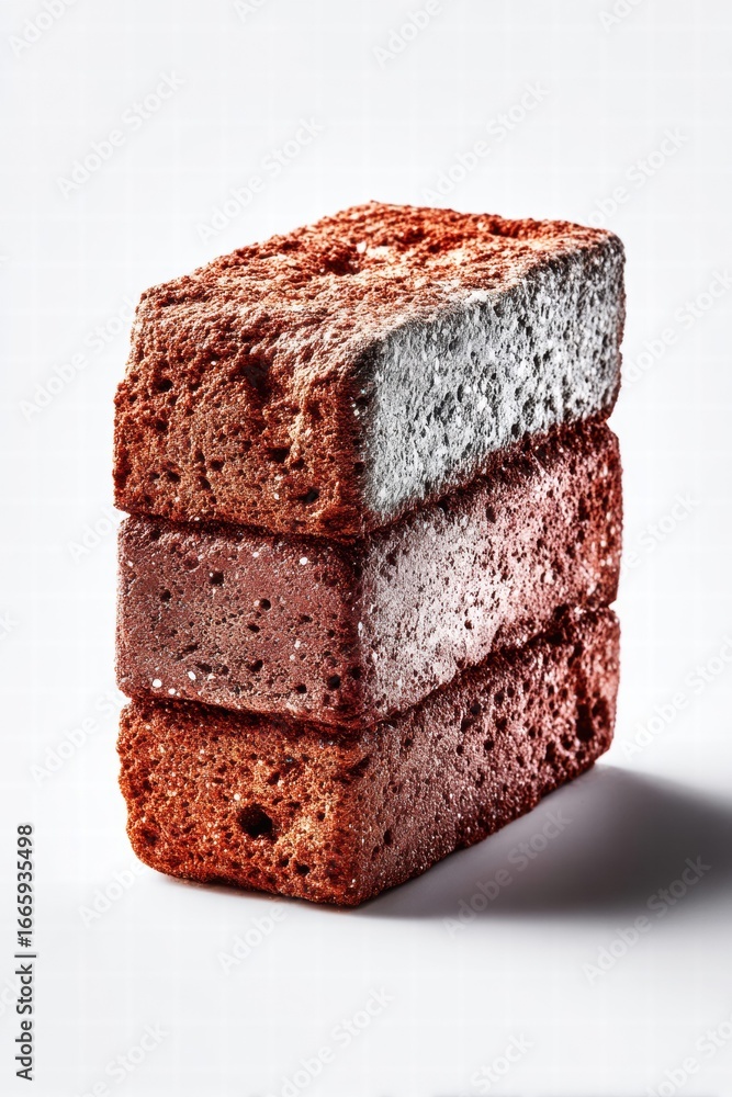 Poster three red bricks are stacked vertically on a plain white surface, creating a striking minimalist ima