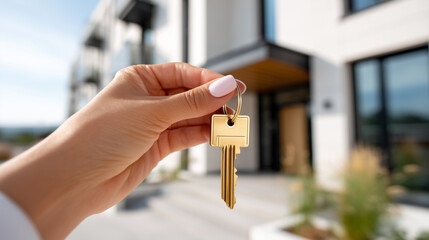 Female hand holding golden house key with modern luxury home in background. New property ownership, real estate purchase and successful mortgage deal concept.