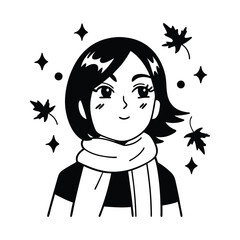 Autumn Girl: Monochrome Anime-Style Illustration vector