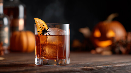 Halloween cocktail with spider decoration and orange garnish on wooden bar table. Spooky seasonal drink with pumpkin background. Festive autumn party beverage atmosphere.