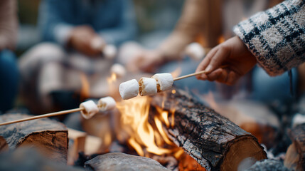 Hand holding stick with marshmallows roasting over campfire flames. Cozy outdoor bonfire gathering with friends. Traditional camping activity concept with warm glow and burning wood logs background.