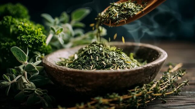 Close up of dried green herbs falling from wooden spoon into rustic bowl with fresh parsley oregano and thyme on wooden table showing organic seasoning and natural cooking ingredients