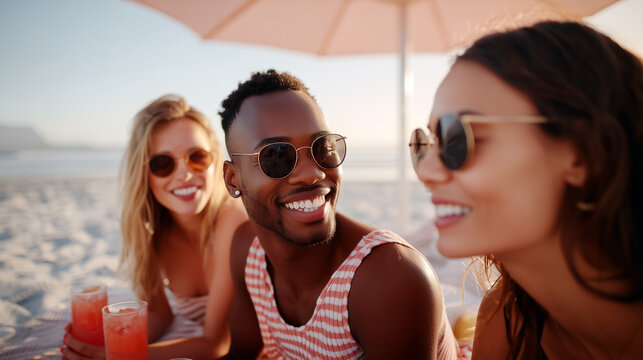 Happy diverse friends enjoying summer beach vacation with cocktails under umbrella. Smiling group wearing sunglasses celebrating tropical holiday. Joyful beach party lifestyle concept outdoors.