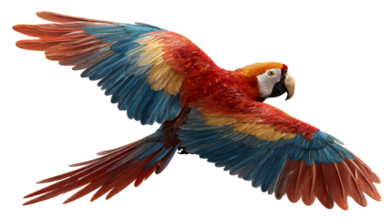 Scarlet Macaw Parrot in Mid-flight on White Background, cut out transparent