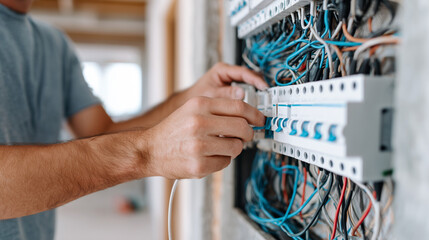 Electrician installing wiring in electrical panel. Professional technician connecting cables and circuits during residential construction and renovation work.