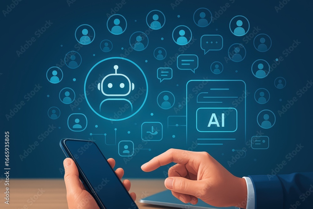 Poster hands interacting with a holographic display showcasing artificial intelligence applications and use