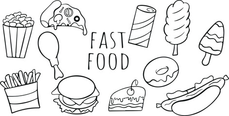 Fast Food, Pizza, Soda, Fries, Snack, Meal, Restaurant, Sketch, Quick, Tasty, Delicious, Icon, Doodle, Combo, Cuisine, Savory, Treat, Fun