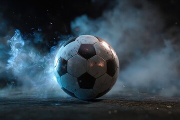 Fototapeta premium Realistic soccer ball on a clean minimalistic background with smoky effects creating a dynamic and energetic atmosphere
