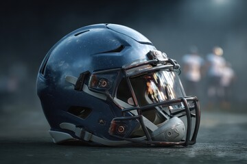 Realistic American football helmet illustration with detailed design showcasing glossy finish and protective features in dimly lit sports environment