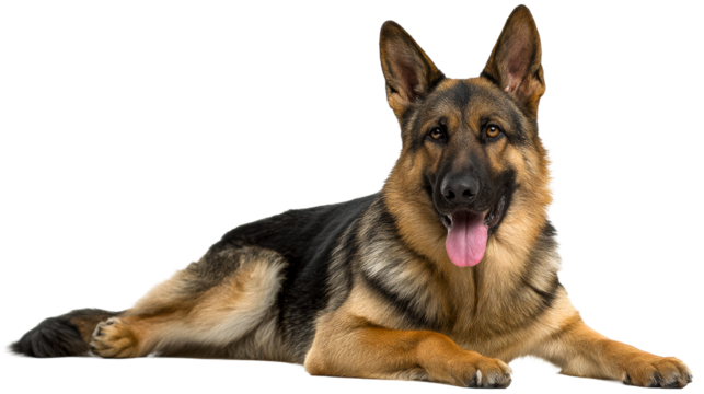 Loyal German Shepherd Resting on White with Tongue Out, cut out transparent