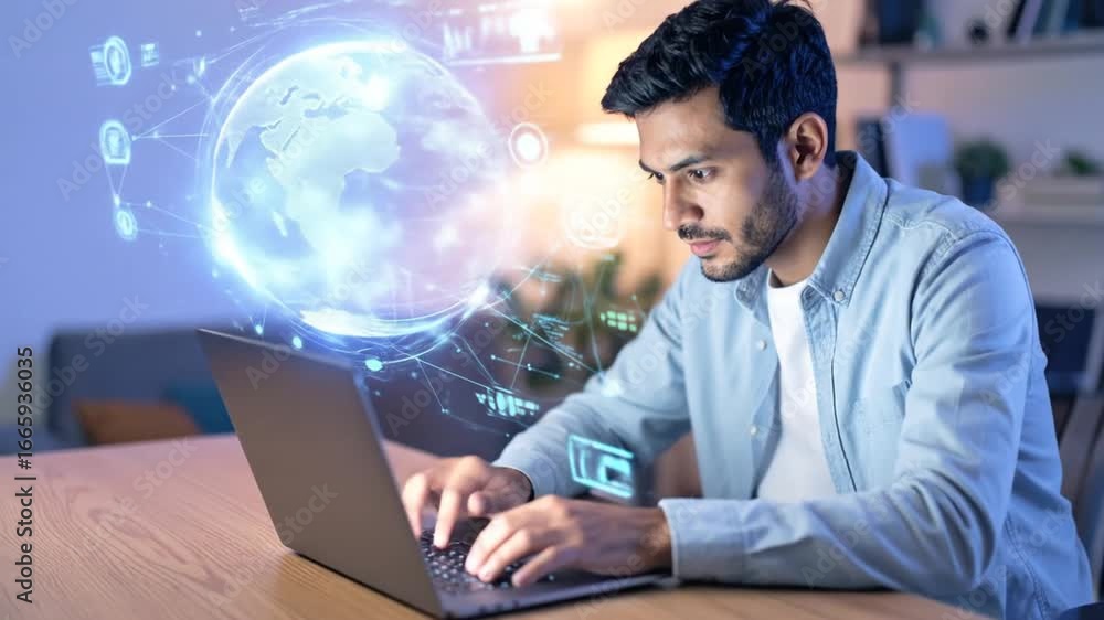 Poster man working on laptop with a digital globe and network visualization in a futuristic environment