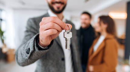 Real estate agent handing house key to happy couple after property purchase. Home ownership, mortgage deal and real estate transaction concept in modern apartment interior.