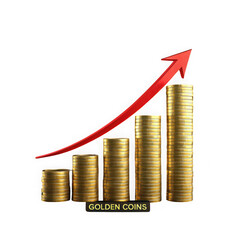 Rising stack of golden coins with upward trending arrow isolated on transparent background