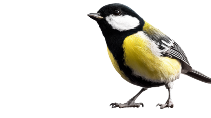 Great Tit bird perched with detailed feathers and striking yellow plumage, cut out transparent