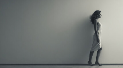 Obraz premium graceful woman elegantly balancing while looking sideways exuding poise against monochromatic wall