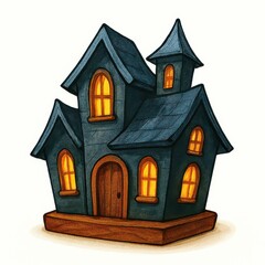 Spooky Cartoon Haunted House with Glowing Windows on White Background halloween illustration