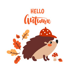 Autumn illustration with cute hedgehog