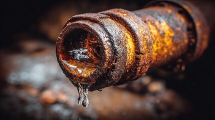 Close-up captures a rusty pipe with water drops, highlighting decay and age.