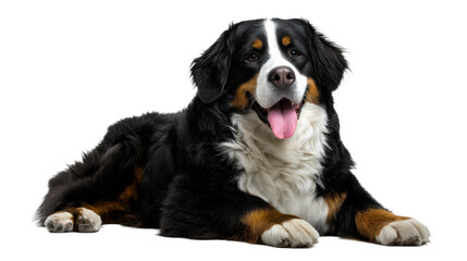 Bernese Mountain Dog with Tongue Out Relaxing on White Background, cut out transparent