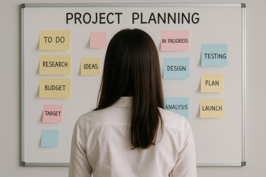Strategic Vision: A person stands facing a whiteboard, filled with plans, post-it notes, and a title Project Planning reflecting a clear pathway towards goals.
