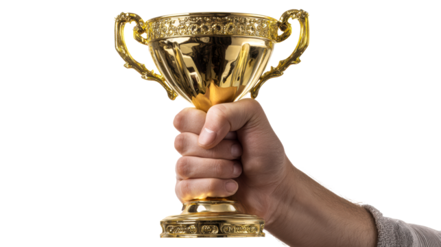 Hand holding a shiny golden trophy on a white background, cut out transparent