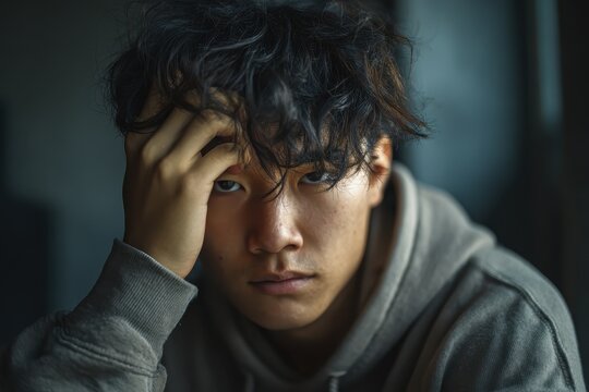 Young Asian man sitting indoors with a pensive expression conveys the struggle of mental health in a quiet moment of reflection and introspection