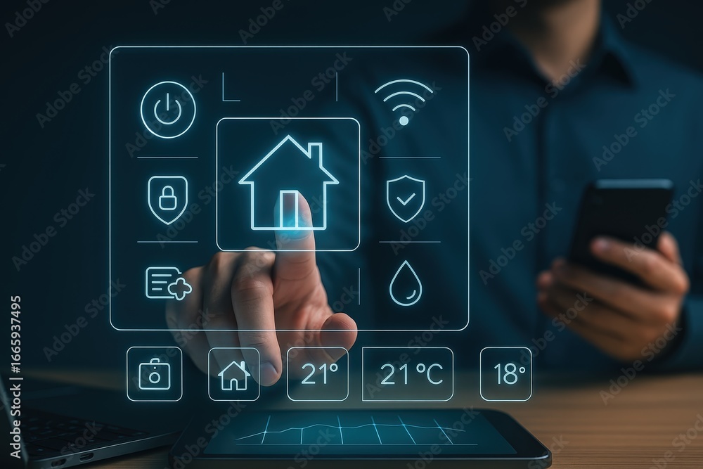Poster a user interacts with a smart home interface, showcasing control over security, temperature, and oth