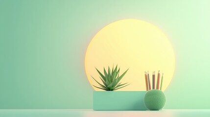 A minimalist scene with a large yellow circle, a green plant, and a green ball.