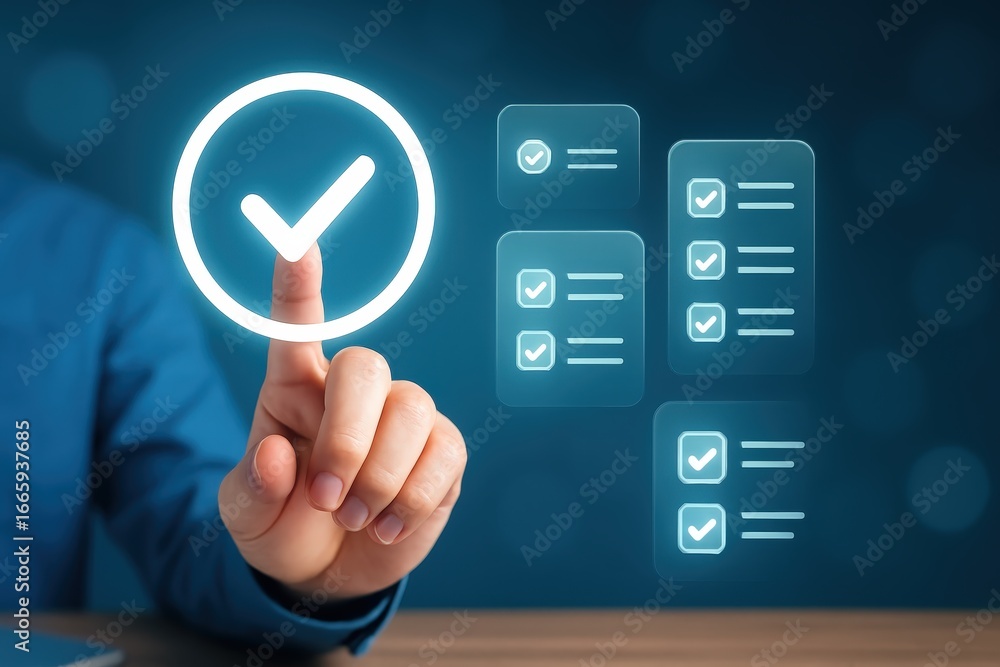Poster a hand interacts with glowing checkmark icons on a digital interface, highlighting a user-friendly t