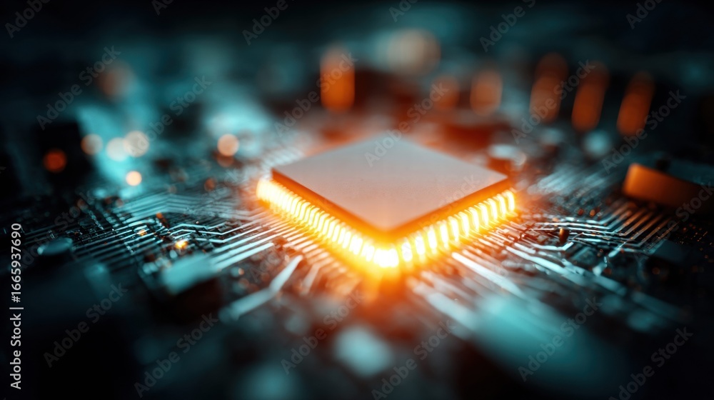 Poster close-up view of a computer processor, lit up with glowing elements.