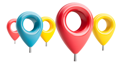 Group of colorful location pins with glossy finish against white background, cut out transparent