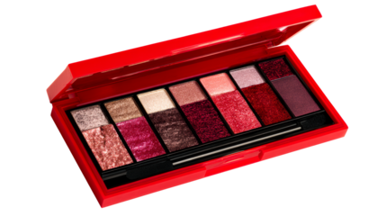 Sparkling eyeshadow palette with vibrant red case and assorted shimmering shades, cut out transparent