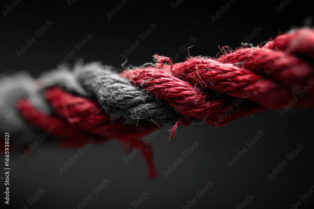 Poster frayed red rope hanging by its last thread against a black background capturing the essence of fragi
