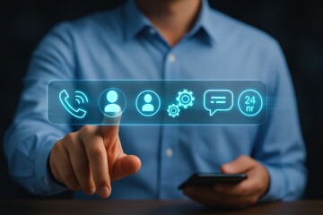 A person interacts with a holographic interface displaying contact options, including phone, messaging, and support, highlighting 24-hour availability.