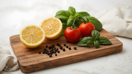 Fresh ingredients for cooking and healthy eating sliced lemons ripe cherry tomatoes fragrant basil leaves and black peppercorns on a wooden cutting board