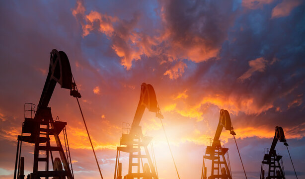 Oil beam pump or Donkey pump dramatic sunset sky - Oil pumps. Oil industry equipment - Powered by Adobe