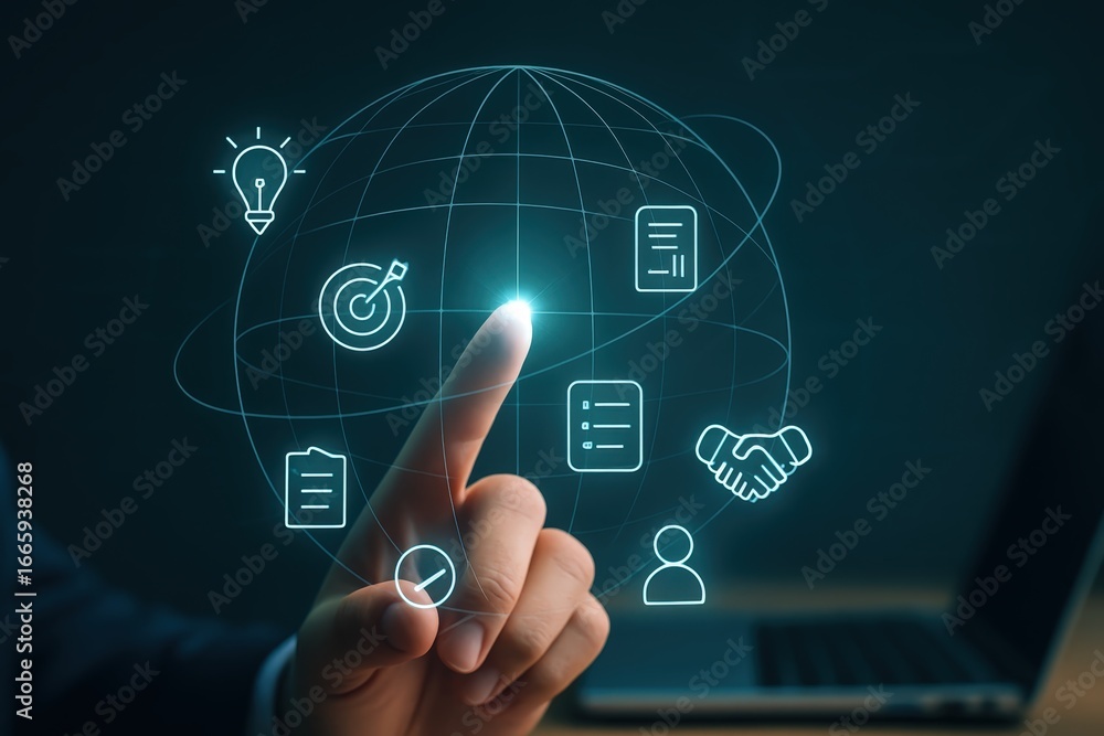 Poster a hand interacts with a digital globe displaying interconnected business concepts, like idea generat