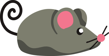 Cute cartoon mouse with pink ears and curled tail