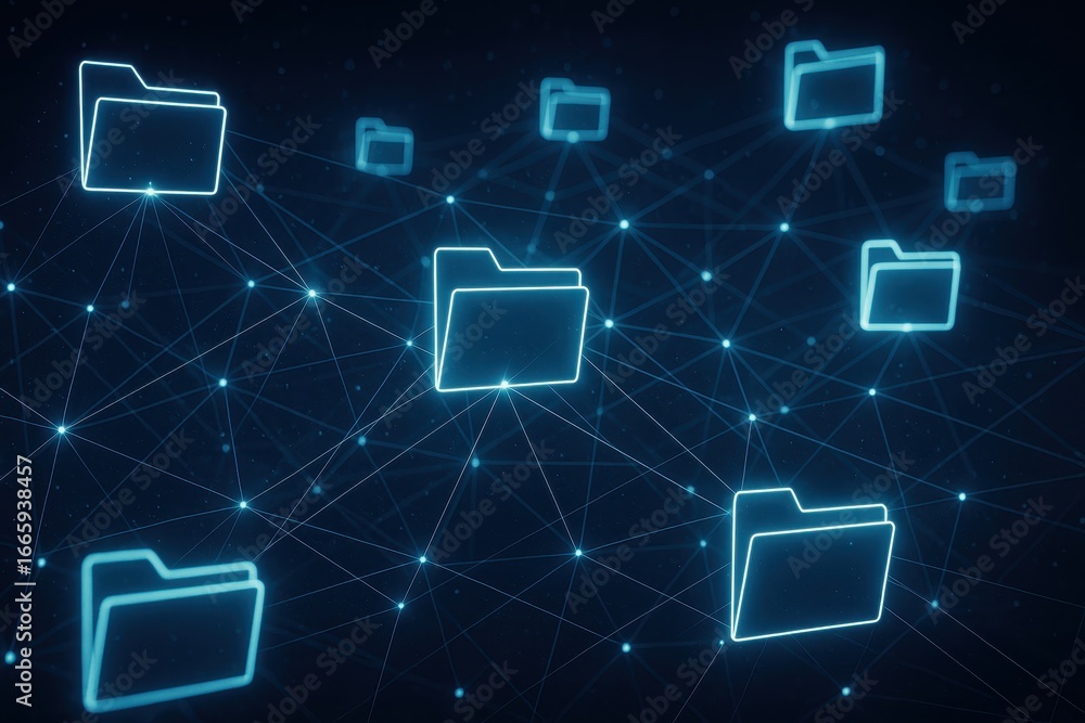 Aufkleber digital network of files: illustrative view of digital file folders interlinked through a vibrant ne