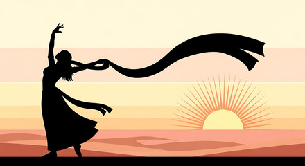 Silhouette of a dancer performing with fabric at sunset in desert landscape
