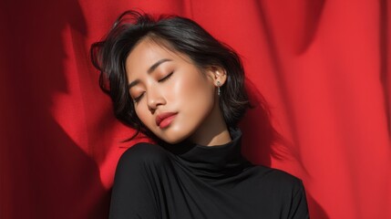Naklejka premium Asian female model in black turtleneck leaning against textured red fabric, artistic close-up with shadows 